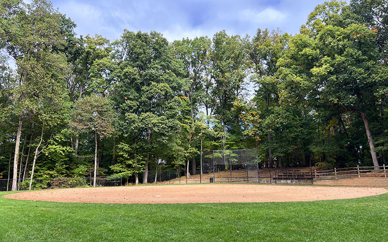 A baseball field with a dirt infield, surrounded by green grass, trees, and a wooden fence, under a partly cloudy sky.