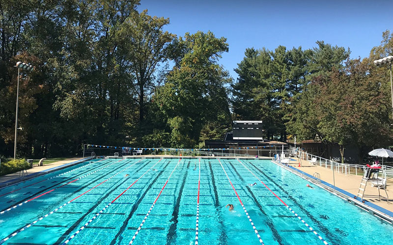Outdoor swimming pool with lane markers, a few swimmers, surrounded by trees and lights, under a clear sky.