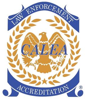 Gold eagle emblem with "CALEA" at center, surrounded by laurel branches and blue banner reading "Law Enforcement Accreditation.