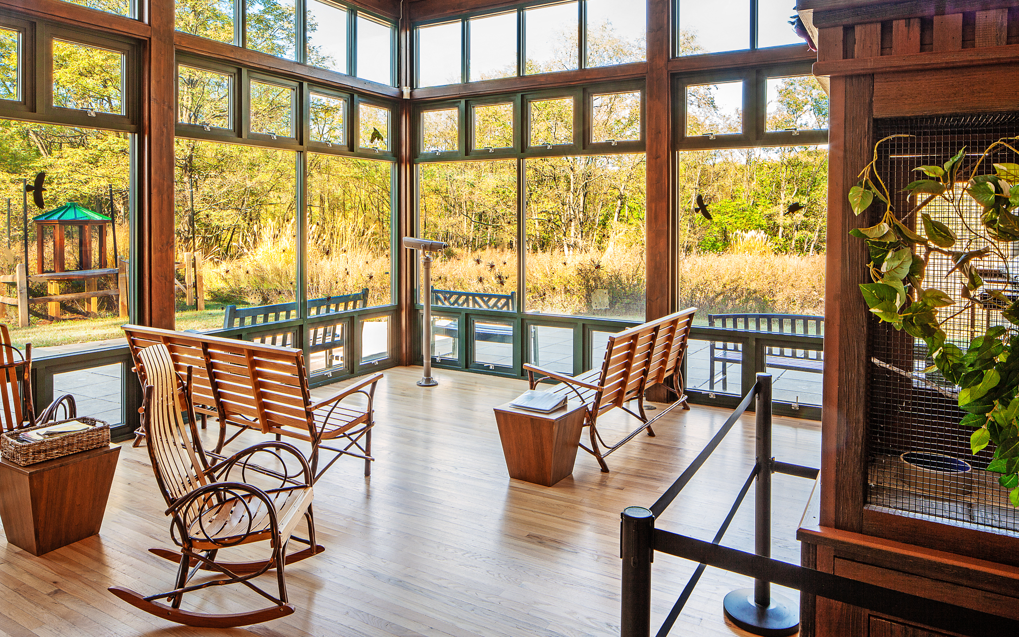 Sunlit room with large windows, wooden floors, several wooden chairs and benches, a telescope, and a view of trees and grass outside.